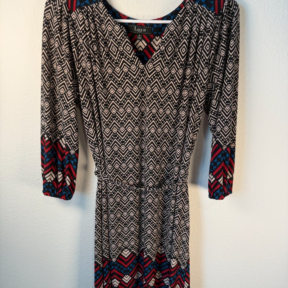 Lux II Womens Geometry Shape Dress 4P With Belt‎ 3/4 Sleeve